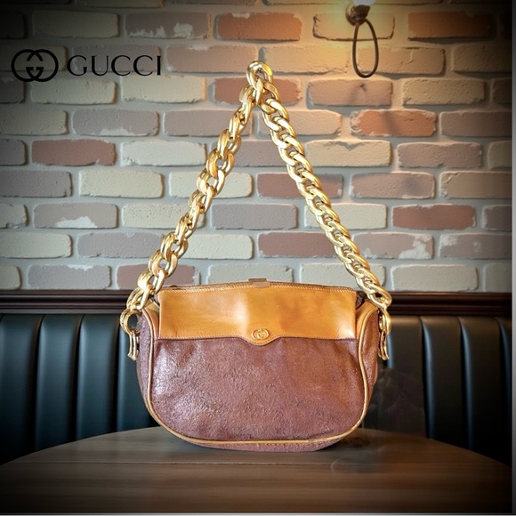 Authentic Gucci Vintage, Chocolate rugged textured, Caramel Leather Gold Chain - Picture 5 of 10